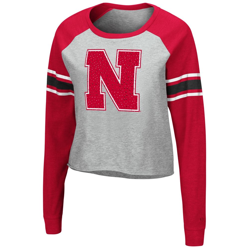 Women's Colosseum Heathered Gray/Scarlet Nebraska Huskers Decoder Pin Raglan Long Sleeve T-Shirt