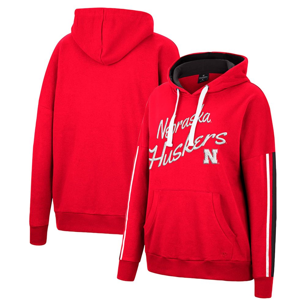 Women's Colosseum Scarlet Nebraska Huskers Serena Oversized Sleeve Striping V-Neck Pullover Hoodie