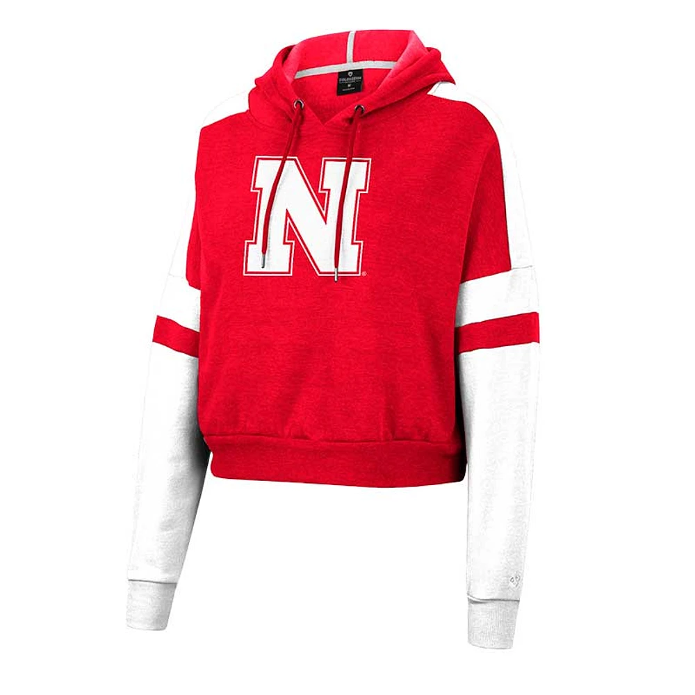 Women's Colosseum Scarlet Nebraska Huskers Throwback Stripe Arch Logo Cropped Pullover Hoodie