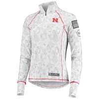 Women's Colosseum White Nebraska Huskers OHT Military Appreciation Officer Arctic Camo Fitted Lightweight 1/4-Zip Jacket