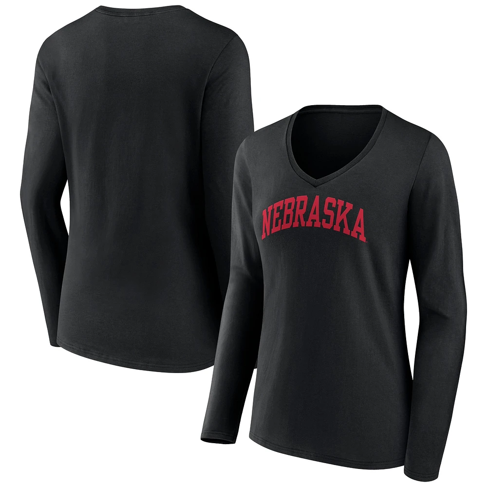 Women's Fanatics Black Nebraska Huskers Basic Arch Long Sleeve V-Neck T-Shirt