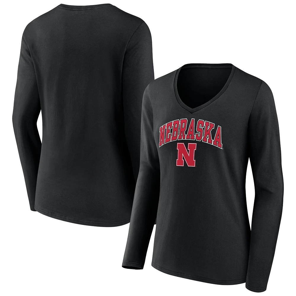 Women's Fanatics Black Nebraska Huskers Campus Long Sleeve V-Neck T-Shirt