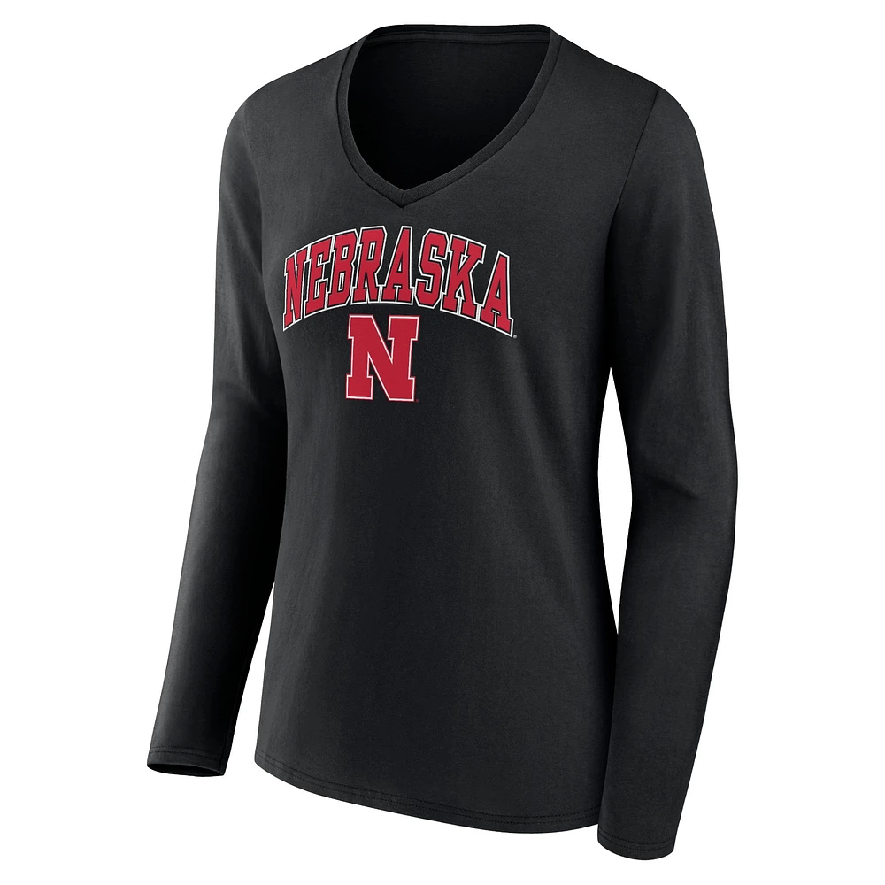 Women's Fanatics Black Nebraska Huskers Campus Long Sleeve V-Neck T-Shirt