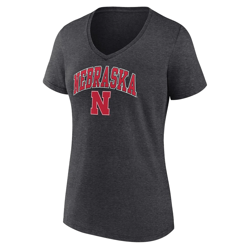 T-shirt à col en V pour femme Fanatics Heather Charcoal Nebraska Huskers Campus