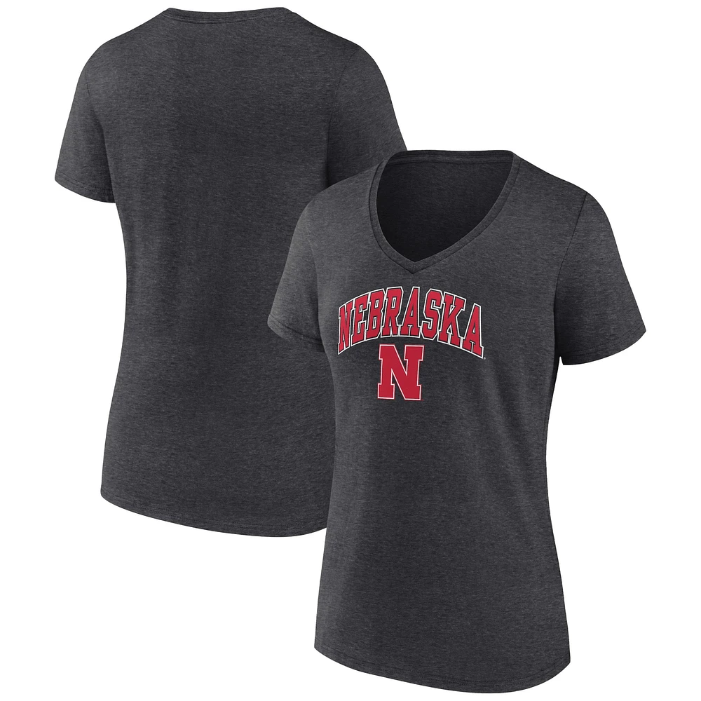 T-shirt à col en V pour femme Fanatics Heather Charcoal Nebraska Huskers Campus