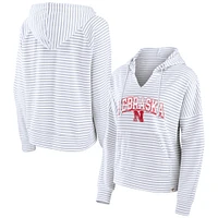 Women's Fanatics  White Nebraska Huskers Striped Notch Neck Pullover Hoodie