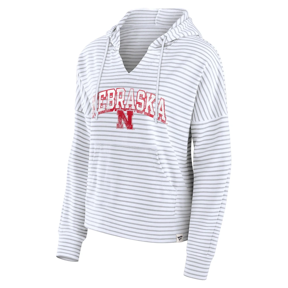 Women's Fanatics  White Nebraska Huskers Striped Notch Neck Pullover Hoodie