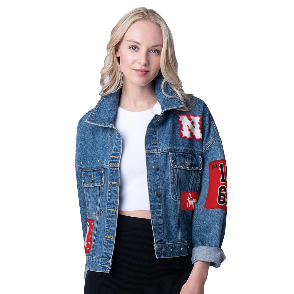 Veste en jean G-III 4Her pour femme de Carl Banks avec patchs et clous balle match Nebraska Huskers