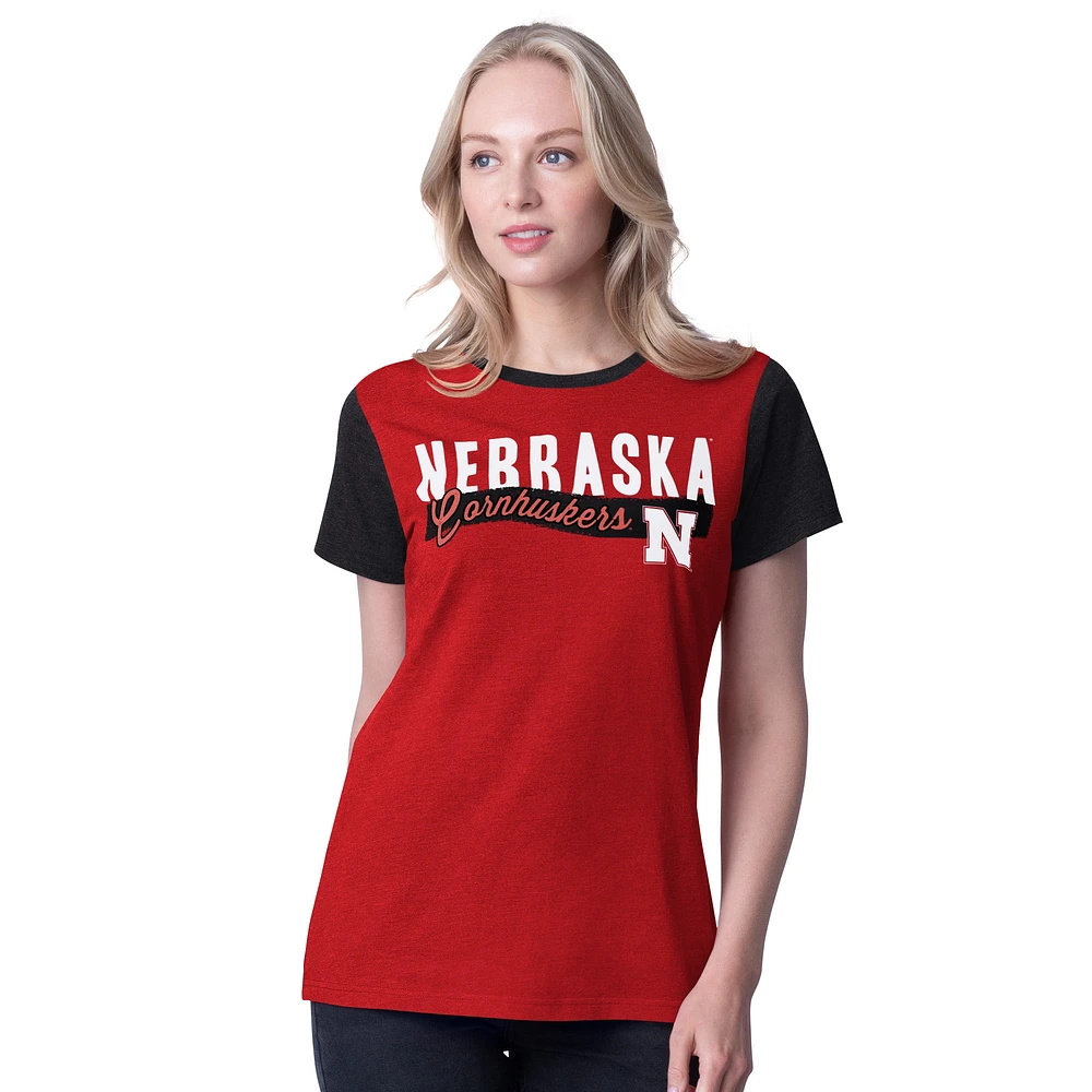 Women's G-III 4Her by Carl Banks Scarlet Nebraska Huskers Racer Crewneck Ringer T-Shirt