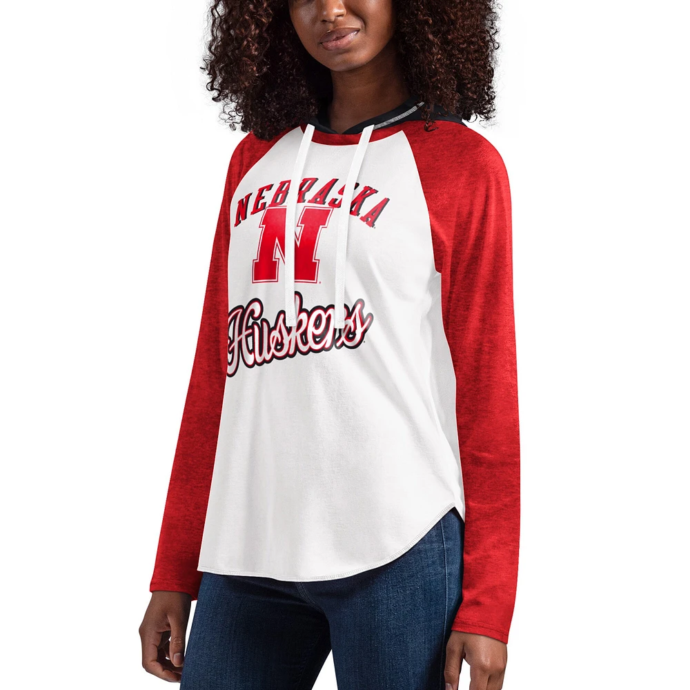 Women's G-III 4Her by Carl Banks White/Scarlet Nebraska Huskers From the Sideline Raglan Long Sleeve Hoodie T-Shirt