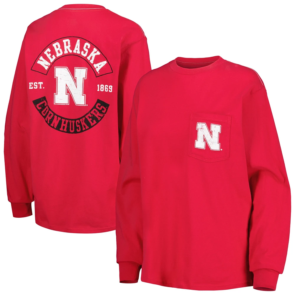 T-shirt à manches longues avec poche surdimensionnée League Collegiate Wear Scarlet Nebraska Huskers pour femme