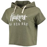 Women's Original Retro Brand Olive Nebraska Huskers Cropped Tri-Blend Short Sleeve Pullover Hoodie