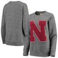 Women's Pressbox Heathered Gray Nebraska Huskers Big Team Logo Knobi Fleece Tri-Blend Crew Neck Sweatshirt