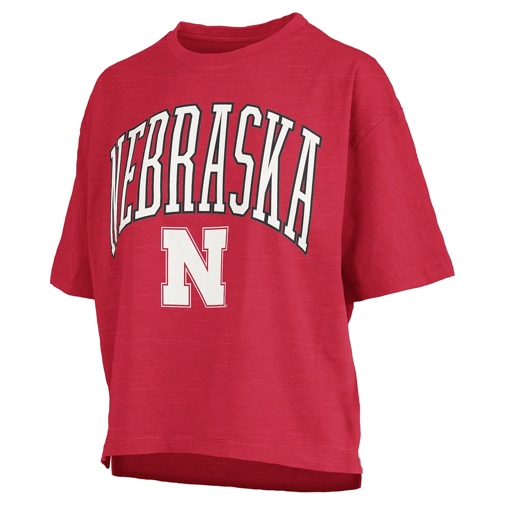 Women's Pressbox Scarlet Nebraska Huskers Nelson Arch Over Logo Waist Length Oversized Slub T-Shirt