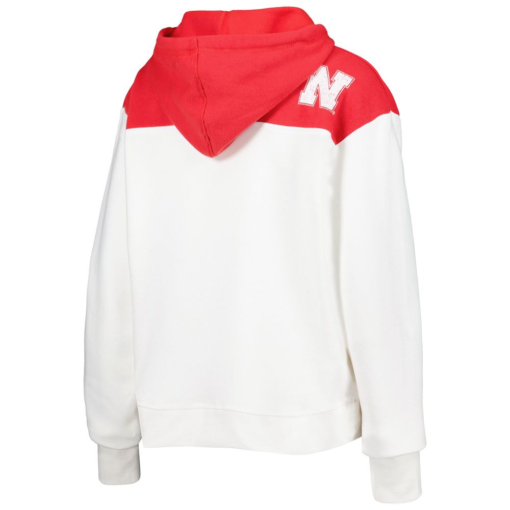 Women's Pressbox White/Scarlet Nebraska Huskers Chicago 2-Hit Yoke Pullover Hoodie