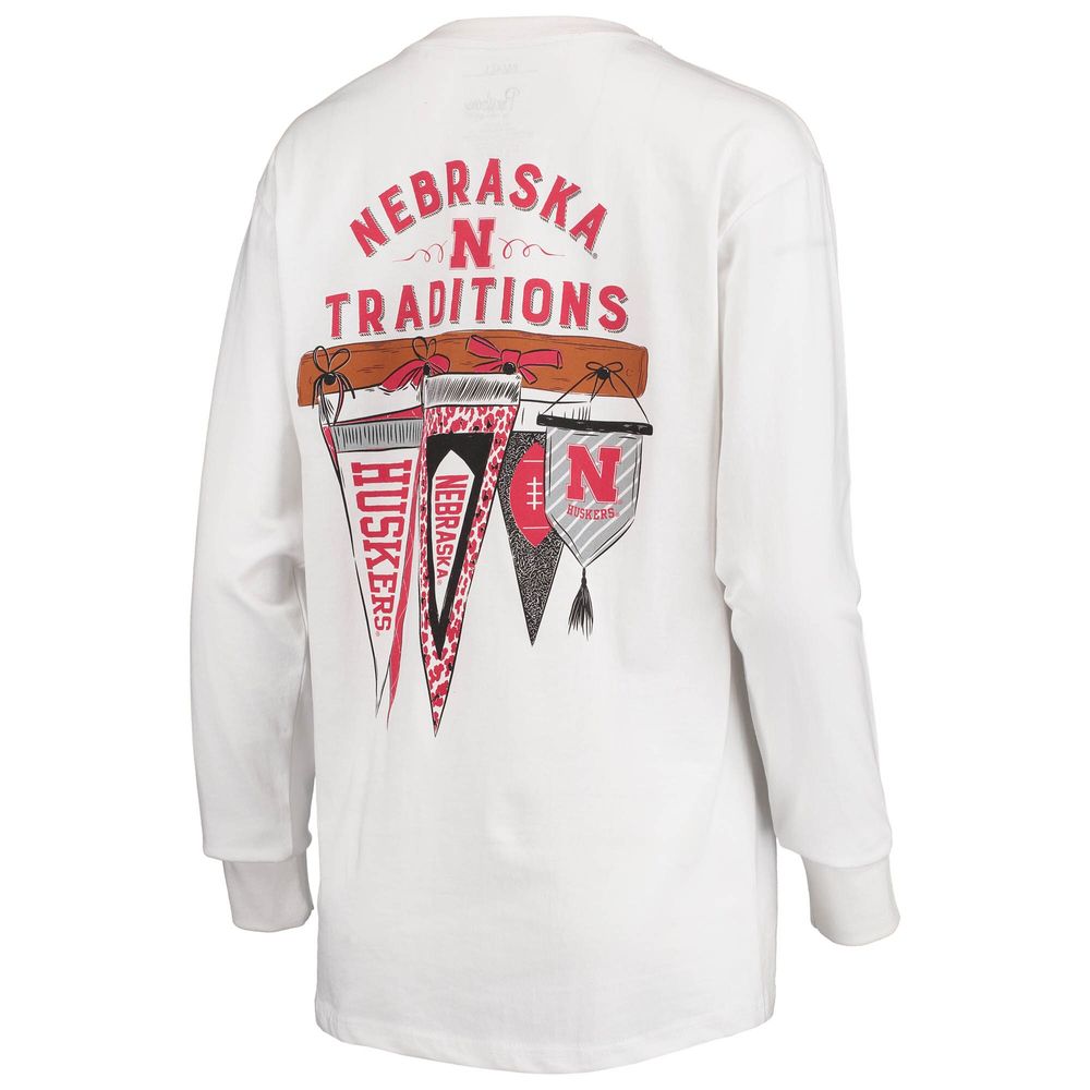 Women's Pressbox White Nebraska Huskers Traditions Pennant Long Sleeve T-Shirt