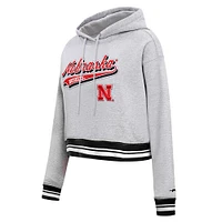 Women's Pro Standard Heather Gray Nebraska Huskers Script Tail Fleece Cropped Pullover Hoodie