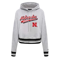 Women's Pro Standard Heather Gray Nebraska Huskers Script Tail Fleece Cropped Pullover Hoodie