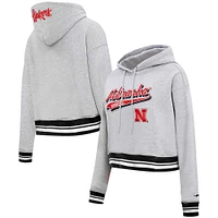 Women's Pro Standard Heather Gray Nebraska Huskers Script Tail Fleece Cropped Pullover Hoodie