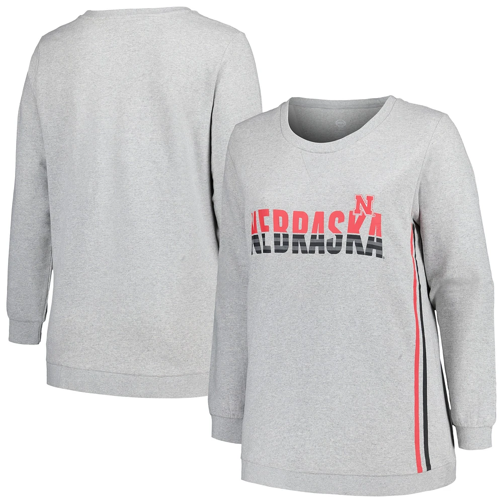 Women's Profile Heather Gray Nebraska Huskers Plus Side Stripe Pullover Sweatshirt