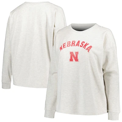 Women's Profile Oatmeal Nebraska Huskers Plus Distressed Arch Over Logo Neutral Boxy Pullover Sweatshirt