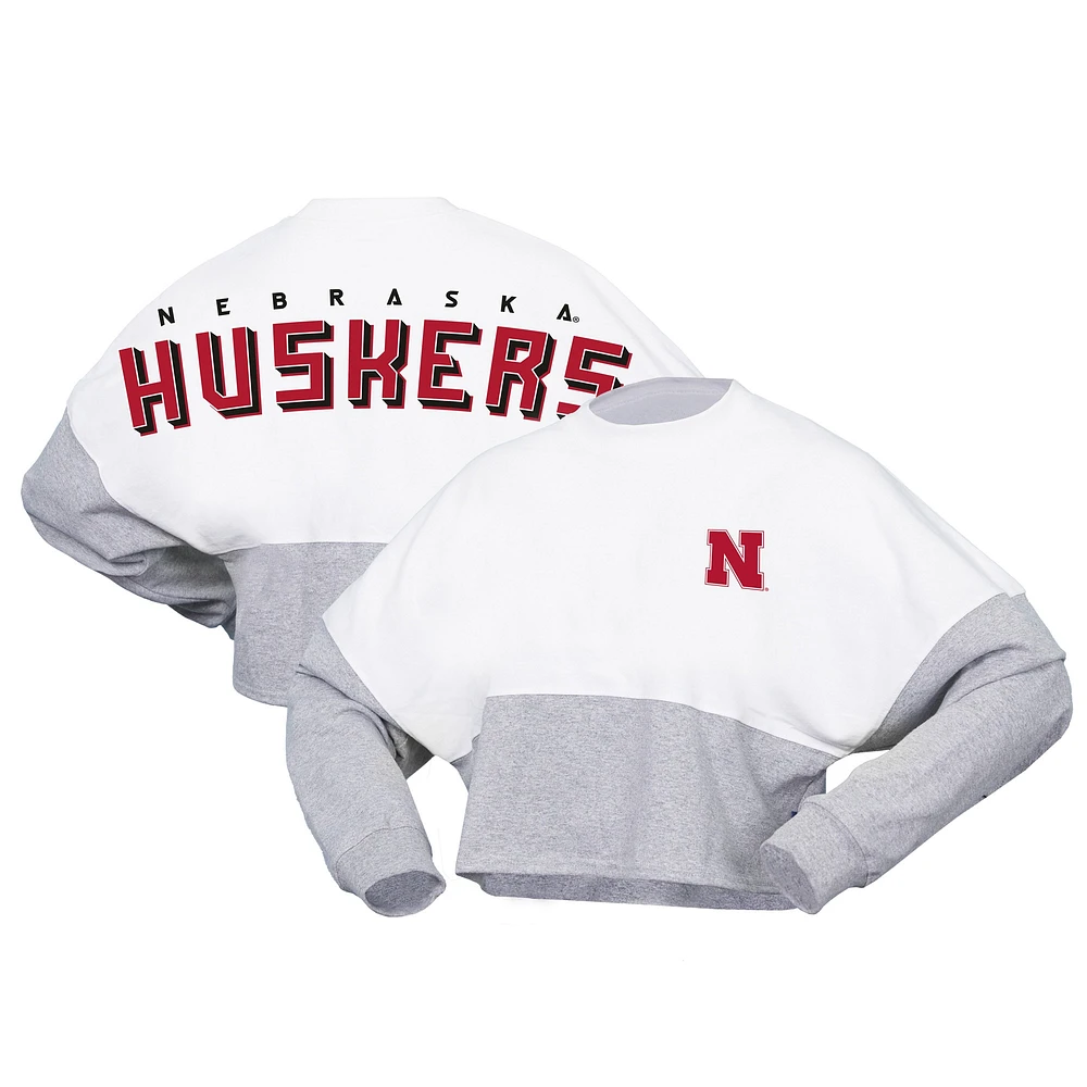 Women's Spirit Jersey  White Nebraska Huskers Heather Block Cropped Long Sleeve T-Shirt