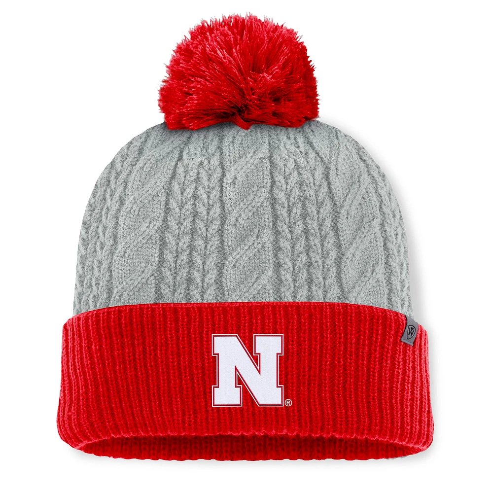 Women's Top of the World Gray/Scarlet Nebraska Huskers Becca Cuffed Knit Hat with Pom