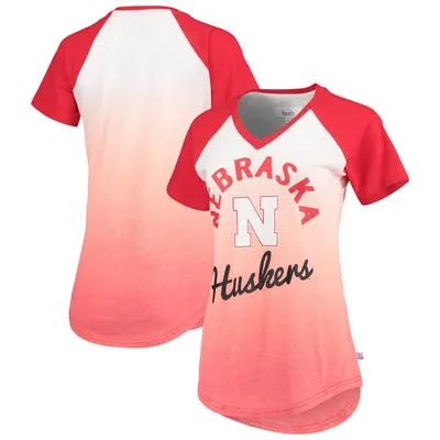 Nebraska Huskers Touch Women's Shortstop Ombre Raglan Tri-Blend V-Neck T-Shirt - White/Scarlet