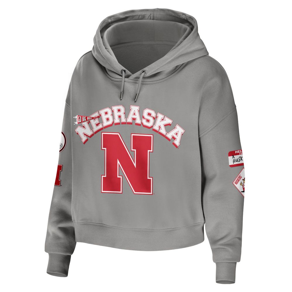 Women's WEAR by Erin Andrews Gray Nebraska Huskers Mixed Media Cropped Pullover Hoodie