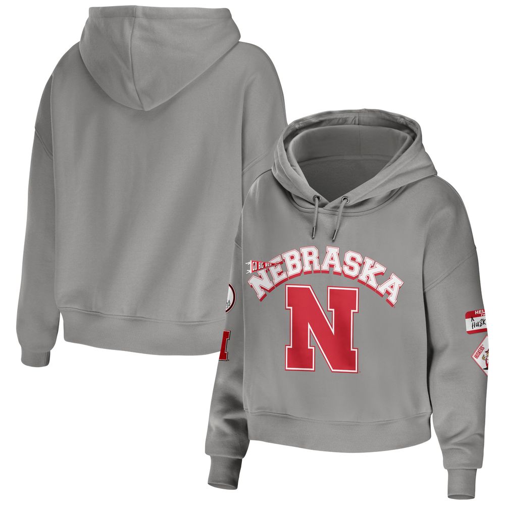 Women's WEAR by Erin Andrews Gray Nebraska Huskers Mixed Media Cropped Pullover Hoodie