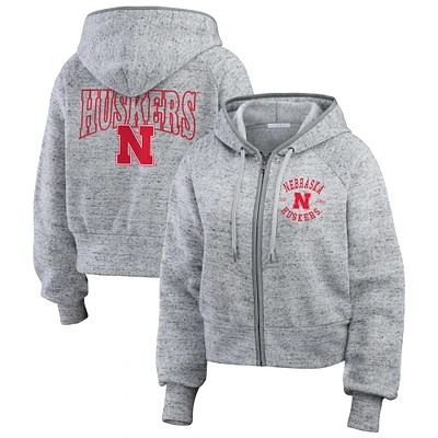 Sweat à capuche entièrement zippé Speckle Double-Hit Raglan de Nebraska Huskers Wear pour femme par Erin Andrews Heather Gray