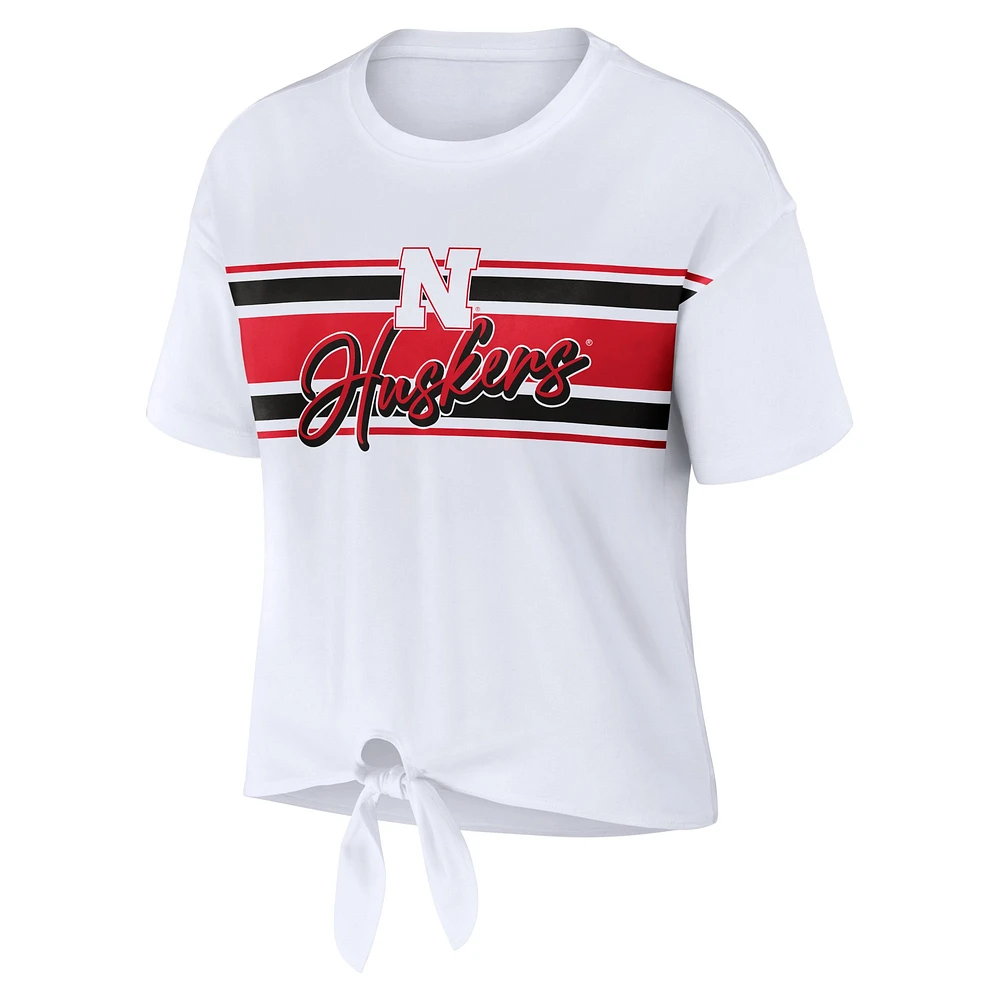 Women's WEAR by Erin Andrews White Nebraska Huskers Striped Front Knot Cropped T-Shirt