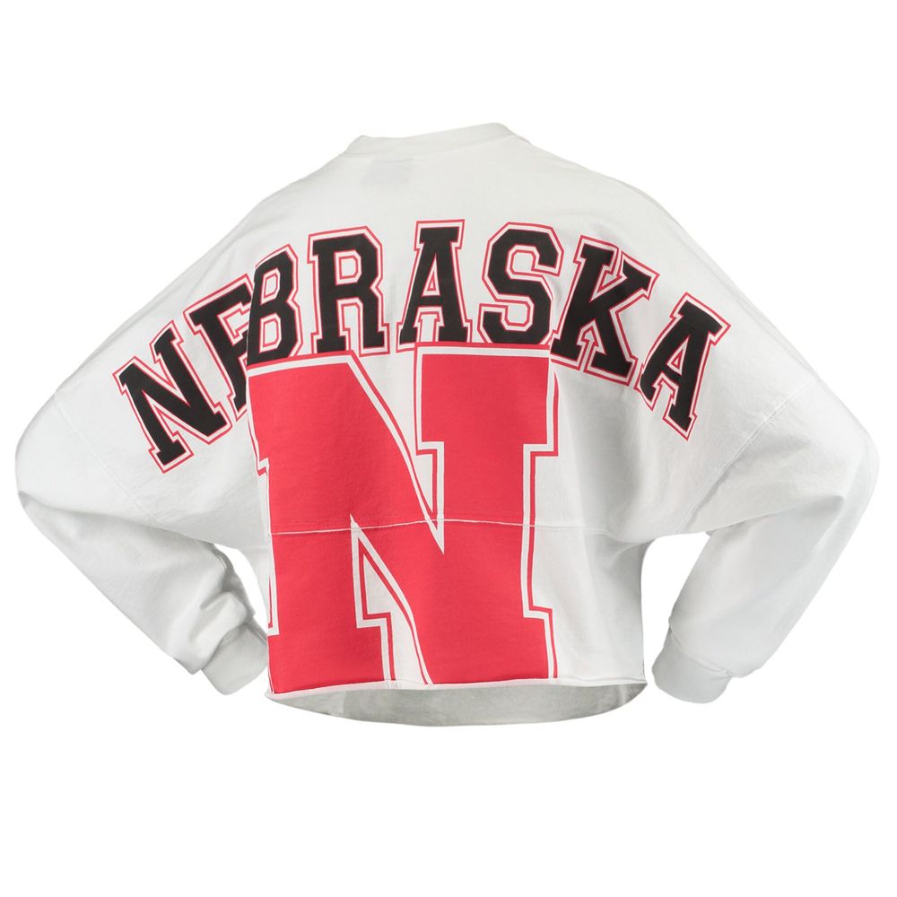 Women's White Nebraska Huskers Raw Hem Cropped Spirit Jersey Long Sleeve T-Shirt