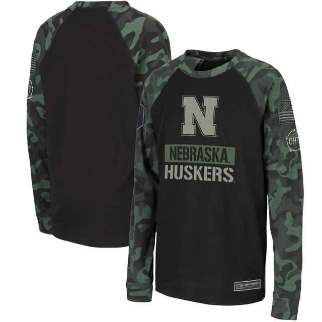 T-shirt à manches longues raglan Colosseum pour jeune noir/camouflage Nebraska Huskers OHT Military Appreciation