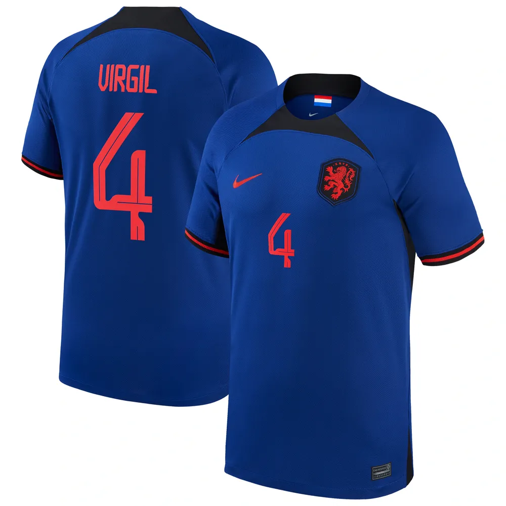 Maillot Homme Nike Virgil Van Dijk Bleu Pays-Bas Équipe Nationale 2022/23 Extérieur Breathe Stadium Réplique Joueur