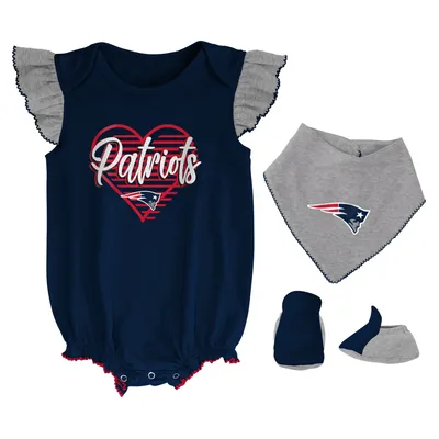 New England Patriots Girls Newborn & Infant All The Love Bodysuit, Bib Booties Set - Navy/Heathered Gray