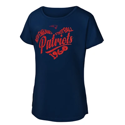 T-shirt Dolman en forme de cœur pour filles, bleu marine, New England Patriots