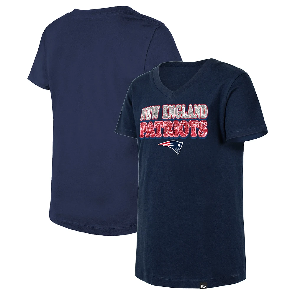 Girls Youth New Era Navy England Patriots Reverse Sequin V-Neck T-Shirt