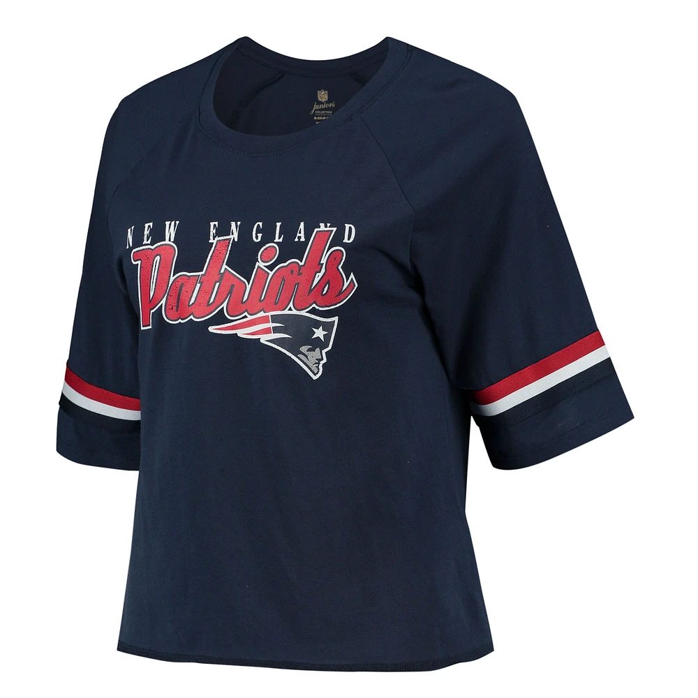 Juniors Navy New England Patriots Burnout Raglan Half-Sleeve T-Shirt