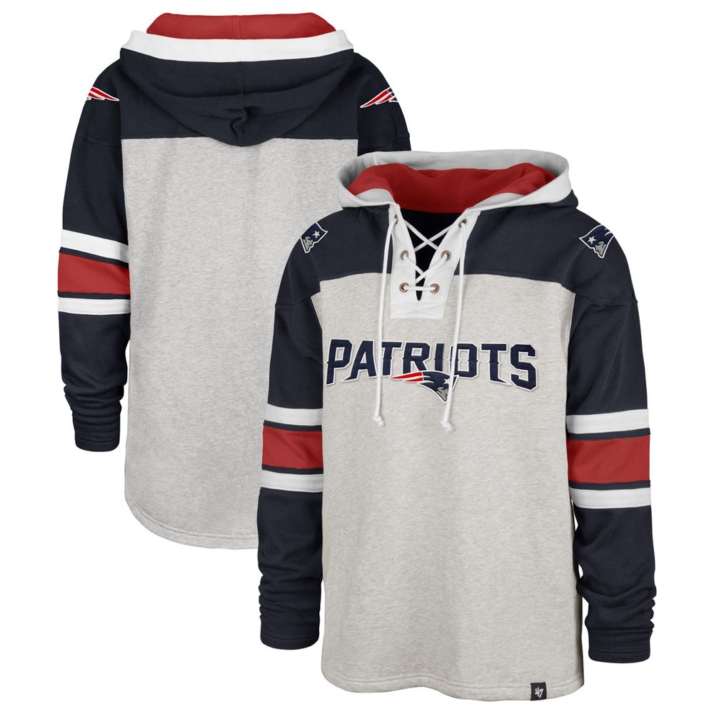 Men's '47 Gray/Navy New England Patriots Gridiron Lace-Up - Pullover Hoodie