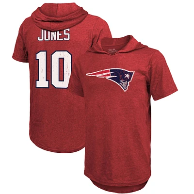 T-shirt à capuche manches courtes tri-mélange pour hommes Fanatics Mac Jones rouge New England Patriots nom et numéro du joueur