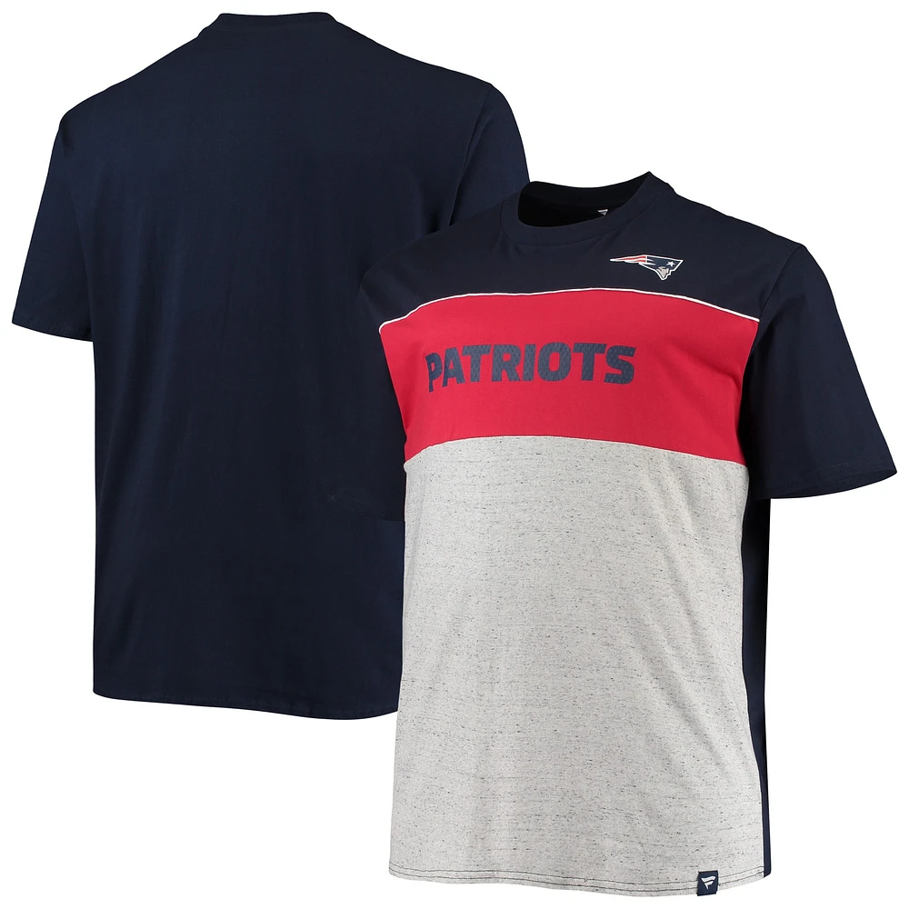 T-shirt color block Fanatics pour hommes bleu marine/gris chiné des New England Patriots Big & Tall