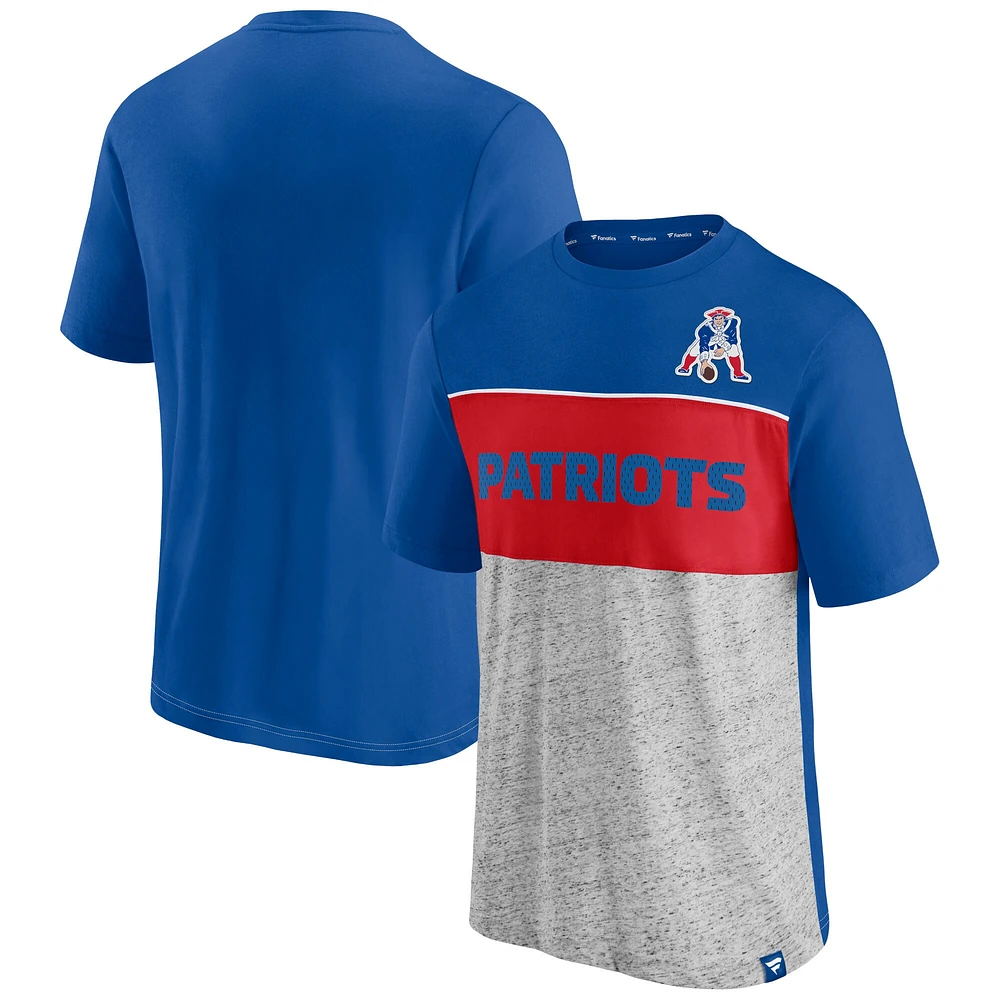 Men's Fanatics Royal/Heathered Gray New England Patriots Throwback Colorblock T-Shirt