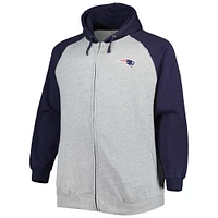 Veste à capuche et glissière pleine longueur en polaire raglan Big & Tall des Patriots de la Nouvelle-Angleterre pour homme, gris chiné