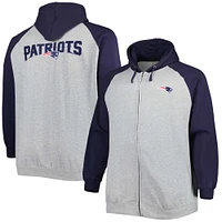 Veste à capuche et glissière pleine longueur en polaire raglan Big & Tall des Patriots de la Nouvelle-Angleterre pour homme, gris chiné