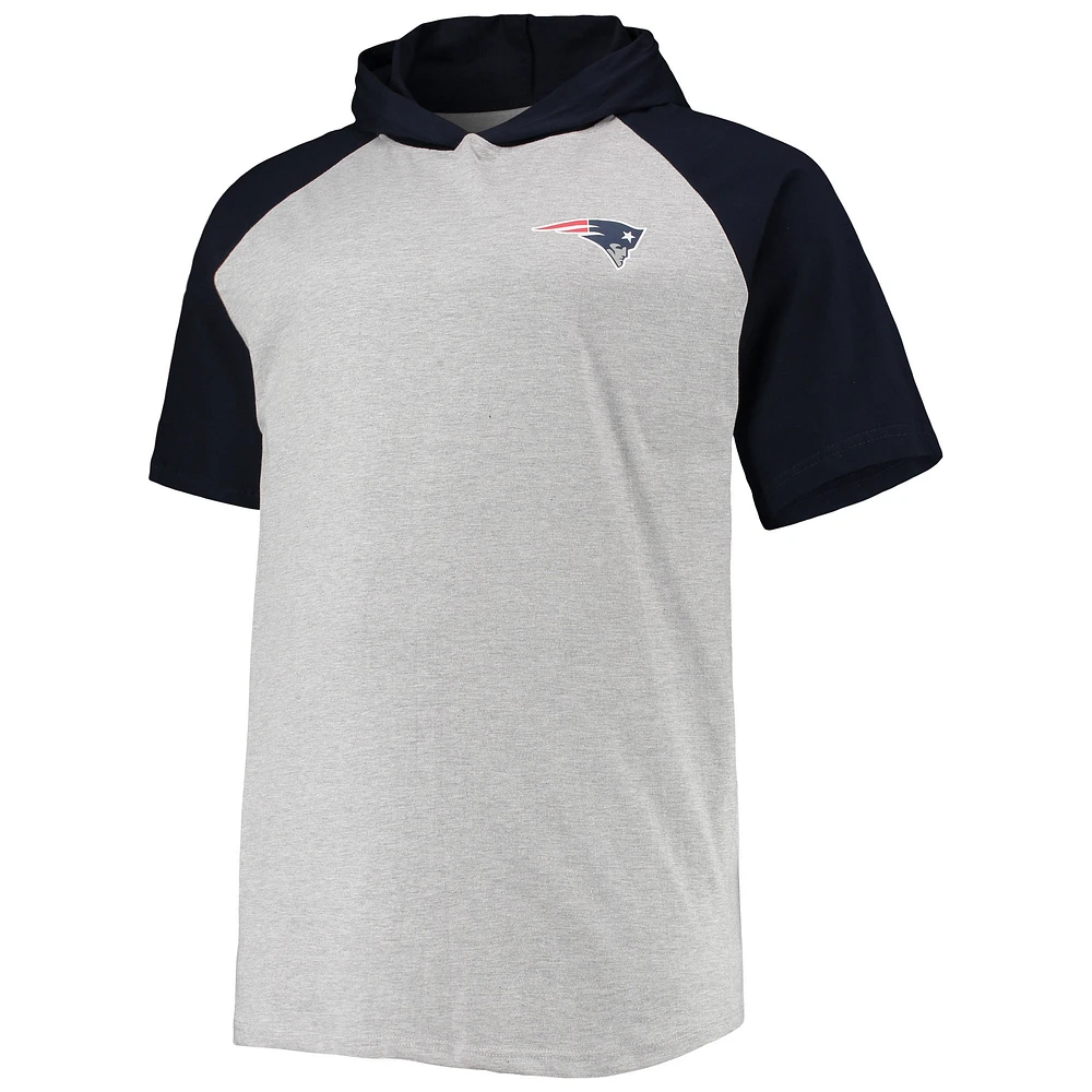 Sweat à capuche manches courtes raglan pour hommes, gris chiné/marine, New England Patriots Big & Tall