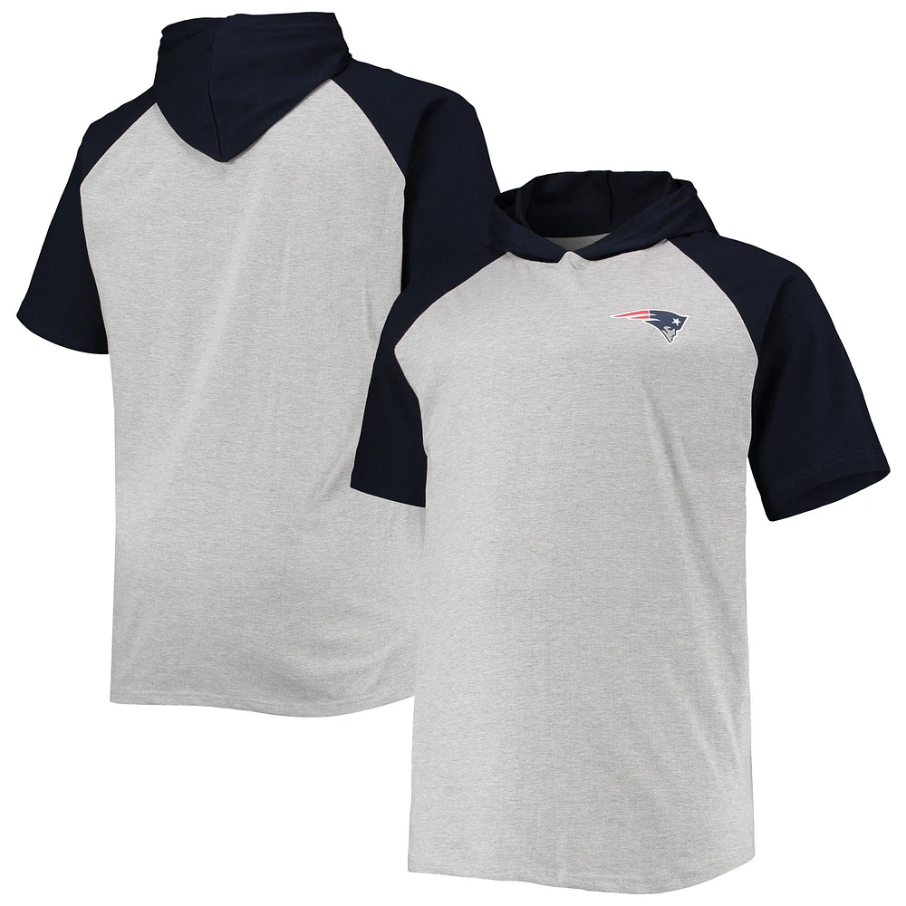Sweat à capuche manches courtes raglan pour hommes, gris chiné/marine, New England Patriots Big & Tall