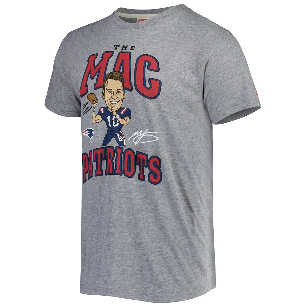 T-shirt à trois mélanges pour hommes, hommage Mac Jones, gris chiné, joueur de caricature des New England Patriots