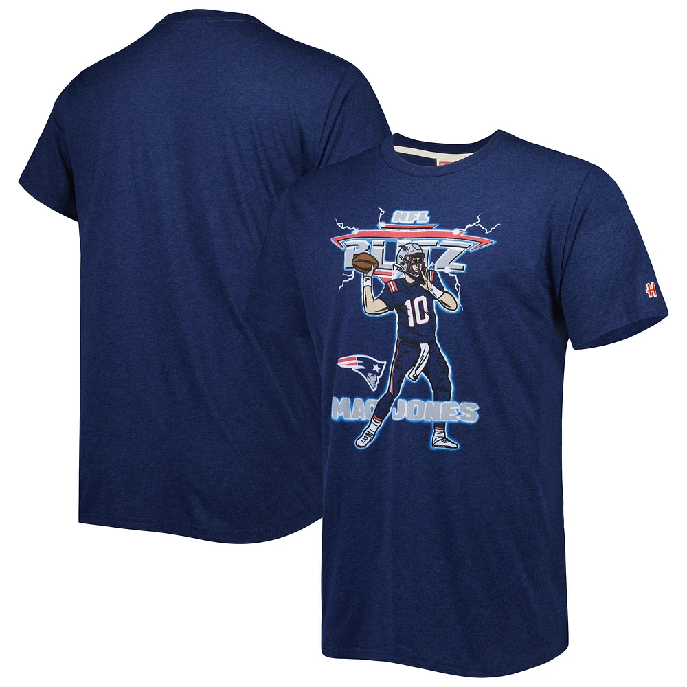 Men's Homage Mac Jones Heathered Heather Navy New England Patriots NFL Blitz Player Tri-Blend T-Shirt