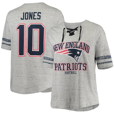 T-shirt à lacets grande taille Mac Jones pour hommes, gris chiné, New England Patriots, col en V